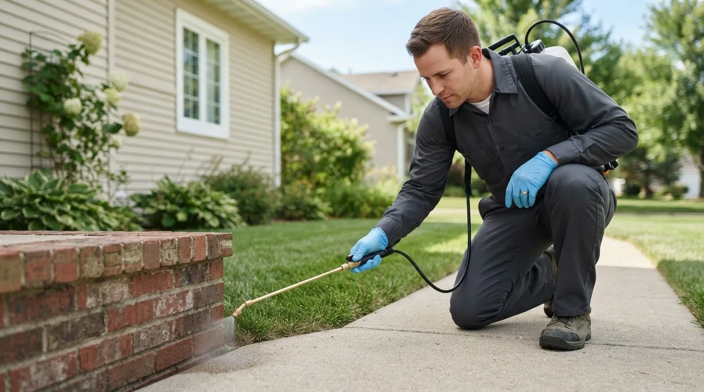Pest control technician treating a home near Pinckney, MI