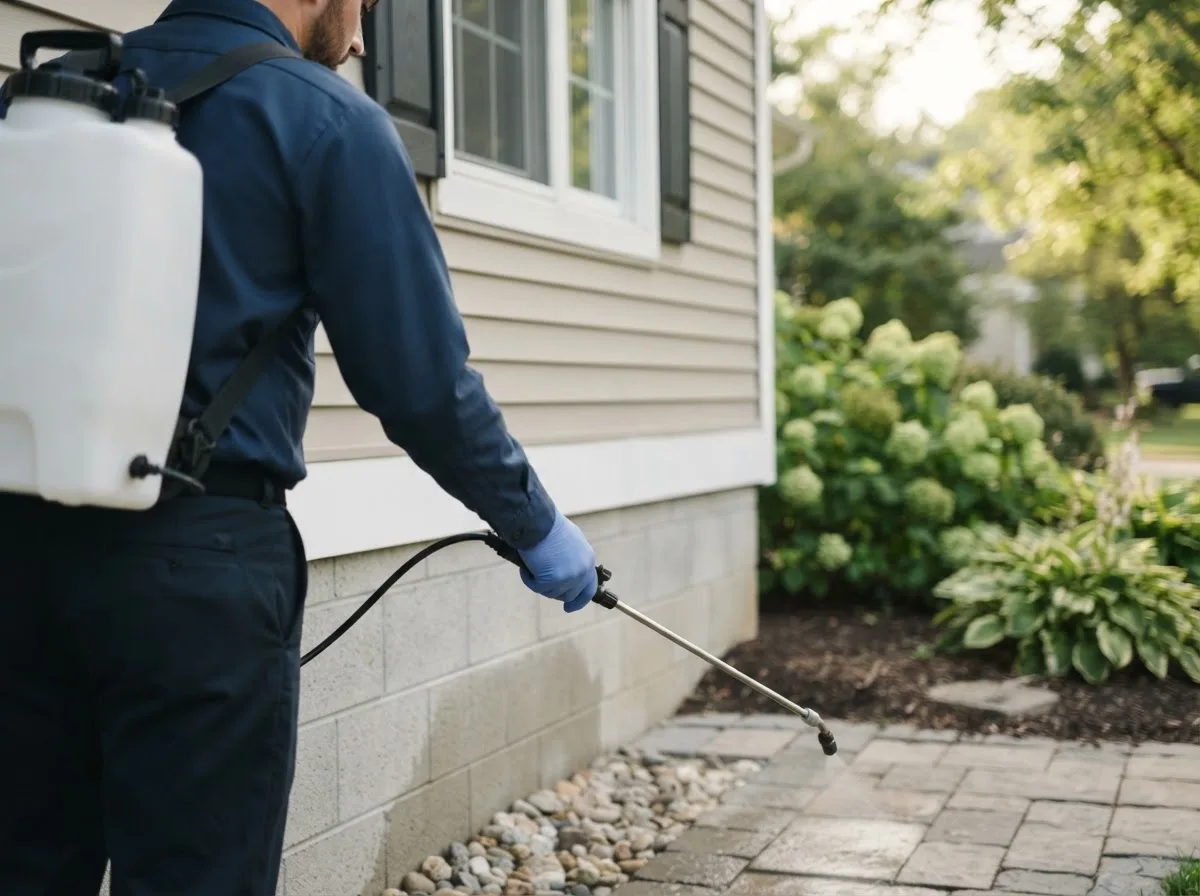 Pest control technician inspecting a home in Pinckney, MI